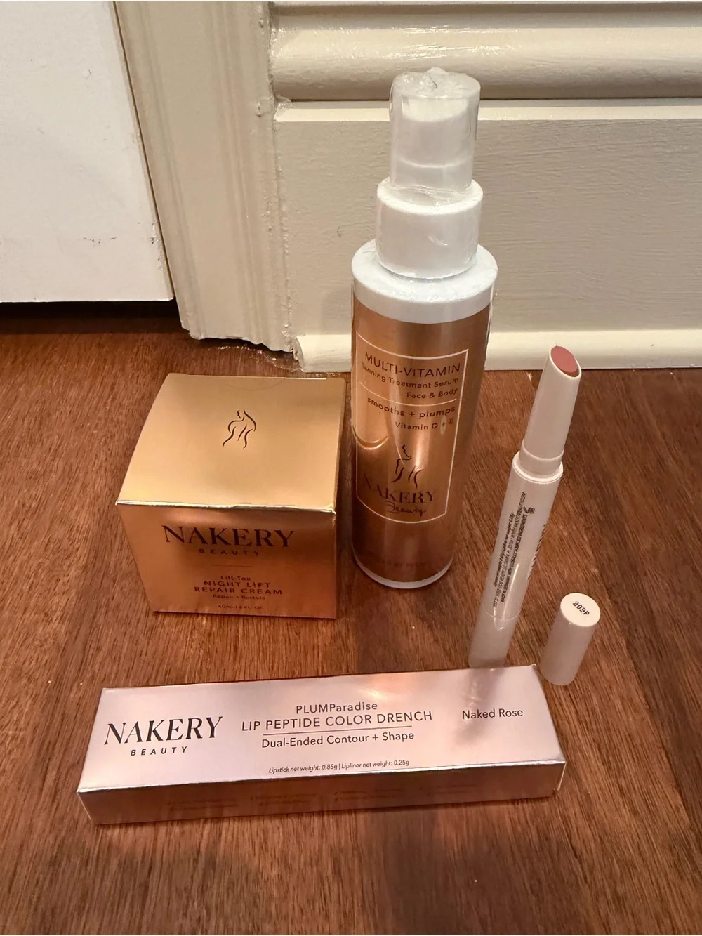 Nakery set, Lip Peptide Color Drench, tanning spray, night lift repair cream